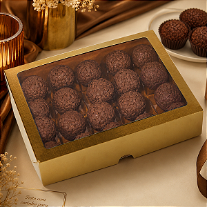 10 Caixas Laminadas Ouro Com Visor Para 20 Doces Embalagem 20x16x4cm Brigadeiros Presente Natal C4676 Ideia