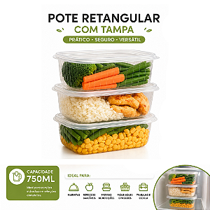Kit Pote C/ Tampa Retangular PP 750ml C/10un Plastilânia