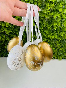 6 Ovos Decorativos Saco Orgânico Pata Sortido Dourado/Branco 8cm 1095063 Cromus