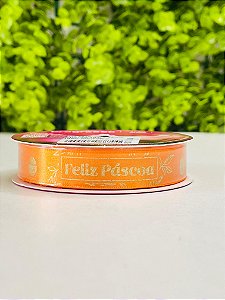 Fita Cetim Rolo 10mx15mm Cor 521 Feliz Páscoa Laranja Decorativo ECF003H