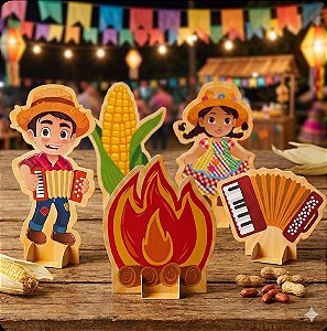 Kit 5 Itens Decoração Centro De Mesa Nosso Arraiá Festa Junina Fogueira Casal Sanfona Milho C6026 Ideia