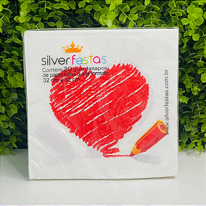 20 Guardanapos Estampa Coração 32x32cm Para Decoração Mesa Namorados Noivado Jantar Festa GP33121 Silver