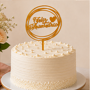 Topo De Bolo Feliz Aniversário Coração 10x16cm C/1un Dourado Ponto das Festas