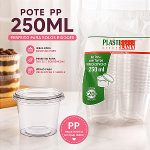 Kit Pote Com Tampa Redondo PP 250ml Pct C/20un Plastilânia