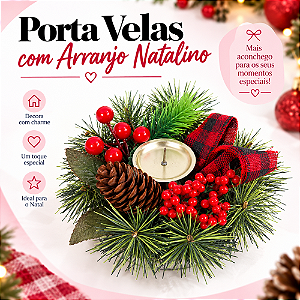 Porta Vela Com Aarranjo Verde/Vermelho/Marrom 15cm C/1un Natal Cromus 1043328