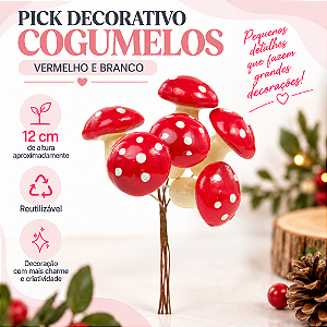 Pick Cogumelos Vermelho E Branco 12cm C/1un Natal Cromus 1046812