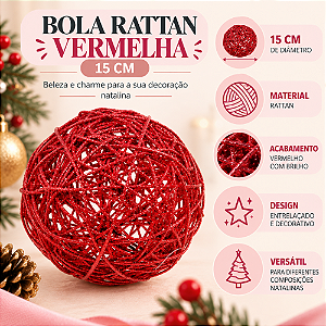 Bola Rattan Vermelho 15cm C/1un Natal Cromus 1010078
