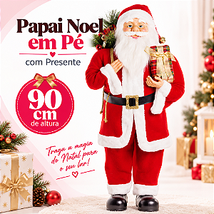 Decoração Papai Noel Em Pé Segurando Presente Vermelho 90cm C/1un Natal Cromus 1690024