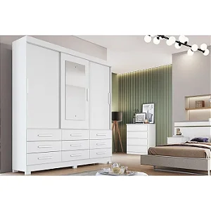 Guarda Roupa  Buriti 3 Portas e 9 Gavetas C/ Espelho Novo Horizonte Branco