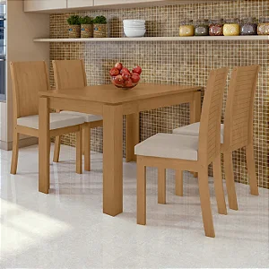Mesa c/ 4 Cadeiras Athenas 1,20 Lopas Amendoa clean/ Tecido Boucle Bege