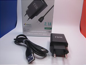 Carregador de Celular 5v/2.1A, com Cabo USB / Tipo C, marca FAM, modelo FKT-110C.