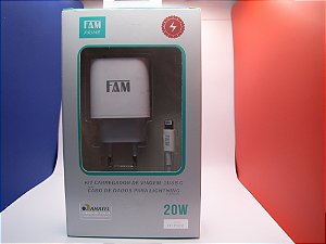 Carregador de Celular Turbo/Fast Charger/PD 20W para iPhone, com Cabo USB-C/Lightning, marca FAM, modelo FKT-PD205.