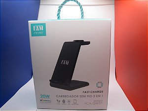 Carregador sem Fio Multifuncional de mesa, FAST CHARGER, 20W, marca FAM, modelo FCA-QW27.