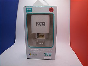 Carregador de Celular Turbo, SUPER RÁPIDO, PD / QC 4.0, 35W, marca FAM, modelo FCA-PD35.