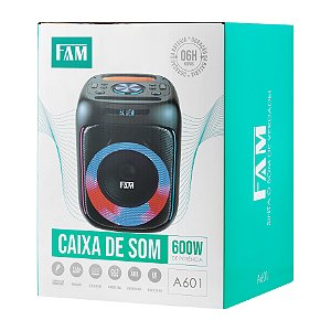 Caixa de Som Portátil, Bluetooth 5.2, Luz de LED, Rádio FM, marca FAM modelo A601, potência 40W RMS.