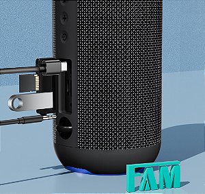 Caixa de Som Portátil, Bluetooth 5.0 IP67, Luz de LED, marca FAM modelo A046, potência 40W.