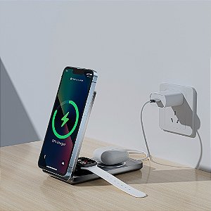 Carregador por Indução 3 em 1 Dobrável MAGNASAFE, de mesa, Compacto, FAST CHARGER, 20w, marca FAM, modelo FCA-QW31M.