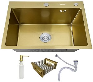 Cuba Pia Inox Dourada Quadrada Cozinha Gourmet 60cm com Acessórios