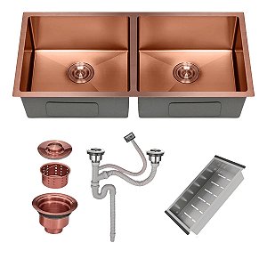Cuba Dupla Inox Quadrada Cozinha Pia Gourmet Nano Rose 75x41 Cor Rosê