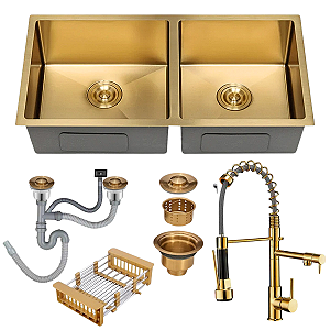 Cuba Dupla Inox Dourada Inox 75x41 + Torneira monocomando