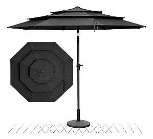 Kit Ombrelone 2,70m 3 Camadas Jardim Piscina Com Base 12kg Cinza Escuro