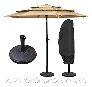 Kit Ombrelone 2,70m 3 Camadas com Base 12kg e Capa Bege Jardim Piscina