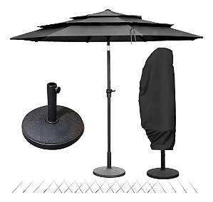 Kit Ombrelone 2,70m 3 camadas Cinza Escuro com Base 12kg e Capa Jardim Piscina