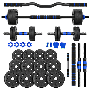 Kit Halteres Ajustável 20Kg com Barra W Anilha Musculação