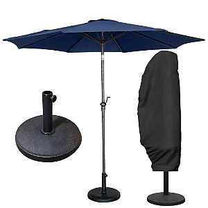 Kit Ombrelone 3m Jardim Piscina com Base 12kg e Capa UV Premium Azul Escuro