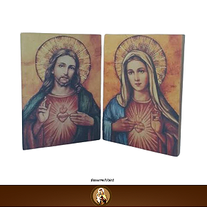 Díptico Ícone Imaculado coração de Maria e Coração de Jesus - 20x15