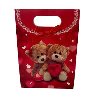 Sacola de Papel P/ Presente com Velcro Estampa Urso (L) 24,5x12x31,5cm - Pct c/ 12