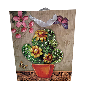Sacola de Papel p/ Presente Estampa Cacto (M) 32x26x10cm - Pct c/ 12
