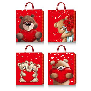 Sacola de Papel p/ Presente Estampa Urso (L) 31x42x12cm - Pct c/ 12