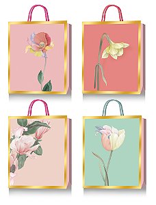 Sacola de Papel p/ Presente (S) 18x23x8cm c/ Flores - Pct c/ 12