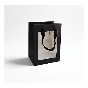 Sacola de Papel p/ Presente Preta com Visor (XL) 35x25x18cm - Pct c/ 12