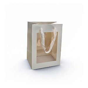Sacola de Papel p/ Presente Branca com Visor (L) 30x20x16cm - Pct c/ 12