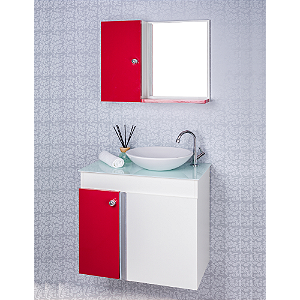 Gabinete Para Banheiro Vermelho Com Cuba Branca E Armário Com Espelho