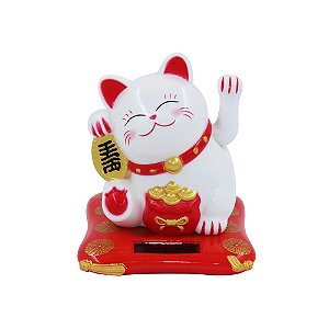 Gato da Sorte Branco Maneki Neko Youbai em Plástico com Bateria Solar 07cm
