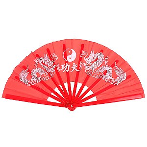 Leque Grande Dragão Chinês Yin Yang Estilo Gueixa para Feng Shui e Artes Marciais 34cm