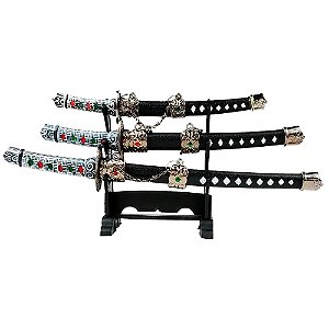 Conjunto Decorativo de Mini Katanas Samurai em Metal com Suporte para Exposição