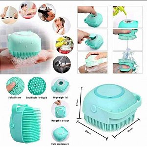 Esponja massageadora de silicone para banho com dispenser