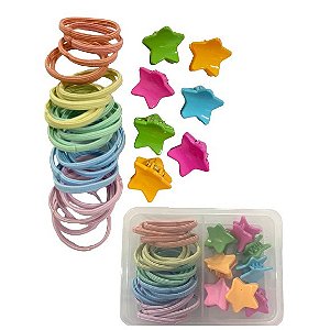 Caixinha com elásticos de cabelo e presilhas de estrela