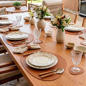 Jogo Americano Orgânico Couro Caramelo | base prato e copo