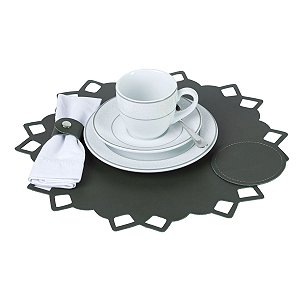 Jogo Americano Floral Couro Verde Oliva | base prato e copo