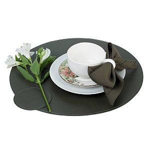 Jogo Americano Couro Verde Oliva Redondo | base prato e copo