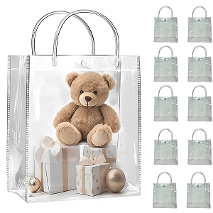 Kit 10 Sacolas Plástica 20x20 Transparente Pvc C/ Botão Alça Embalagem Lembrancinha Casamento Presente Aniversário