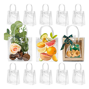 10 Sacolas Presente Transparente 28x20 Bolsa PVC Alça Botão Sacolinha Reutilizável Aniversário Lembrancinha Pressão