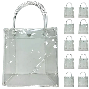 10 Bolsa Transparente Grande 40x30 Sacola PVC Plástica Botão Praia Impermeável Sacolinha Alça Transporte Aniversário