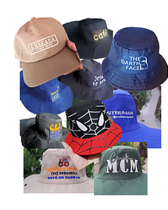 Faça seu Logo e Estampas Personalizadas - Bordado Pintado (silk) DTF - Chapéu Australiano com Saia/ Chapéu Australiano sem Saia / Boné Simples / Bucket Hat / Boné com Saia - Cor e Logo a Escolher - A Partir de R$8,99 a Unidade
