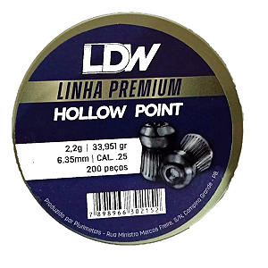 Chumbinho LDW Hollow Point Premium 6.35mm (.25) 200 Peças 2,2g Impacto e Precisão